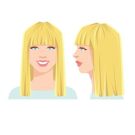 Vector illustration of beautiful woman's face on white background. Various turns heads. Face in front view and face in side view. Woman with geometric haircut with straight bangのイラスト素材