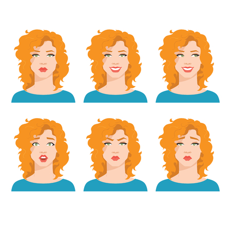 Collection of woman's emotions. Vector illustration of variations of facial expression.のイラスト素材