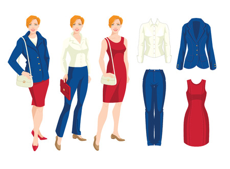 Vector illustration of corporate dress code. Variations look with suit, dress and blouse, Young business women or teacher in formal clothesのイラスト素材