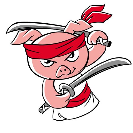 illustration of cartoon cute pig isolated on white background. Funny pig with swords in white kimono. Symbol of chinese new year 2019.のイラスト素材