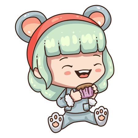 Cartoon girl in mouse costume for new year 2020. Little girl with muffin.のイラスト素材