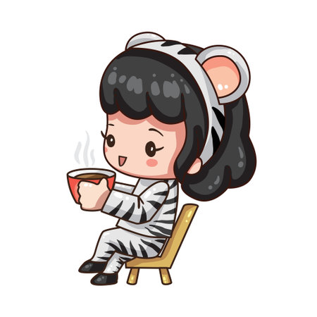 Vector illustration of cute chibi character isolated on white background. Cartoon girl in tiger costume for chinese new year 2022. Girl holding cap of coffee in her hand.のイラスト素材