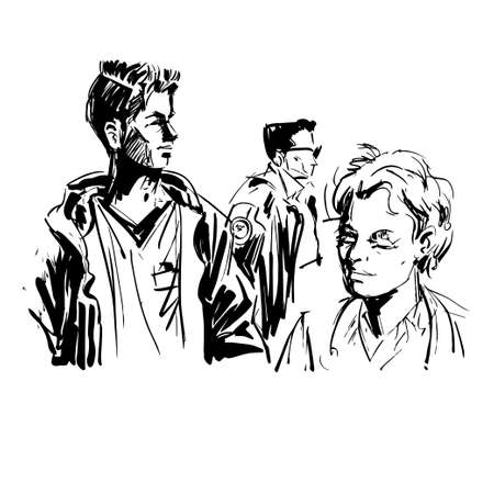Group of people isolated on white background. Ink sketch of scene from everyday life. Man, woman and teenager in casual and formal clothes. Police officer or security guard.のイラスト素材
