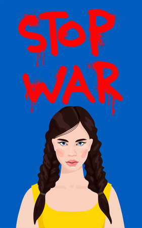 Help Ukraine. Pray for Ukraine. Stop the war. Sad Ukrainian woman . yellow-blue colors flag of Ukraine. Vector illustration in a flat style.のイラスト素材