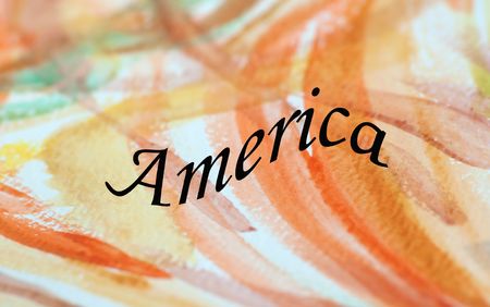 This warm colored abstract is textured watercolors in golds, yellows, oranges and greens for a beautiful soft pattern background with the word America in this nation series.の写真素材