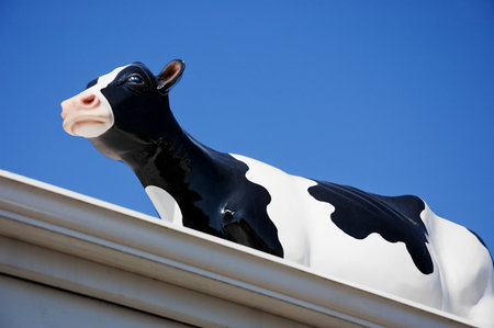 This glass black and white dairy cow is standing on a roof with gutters against a bright blue clear sunny sky.の写真素材