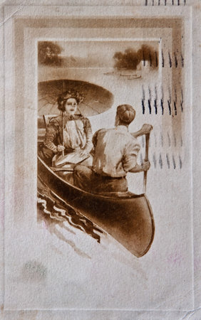 This is a turn of the century vintage postcard with a romantic  couple in a boat on a lake.  Aged,...