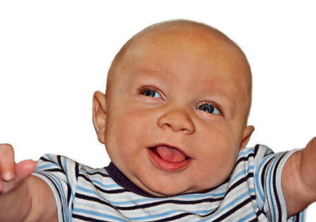 This darling 4 month old baby boy is bi-racial, bald with blue eyes, smiling and happy on a white...
