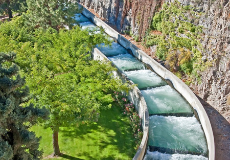 This is an operational fish ladder to help salmon and other fish cross to spawn の写真素材