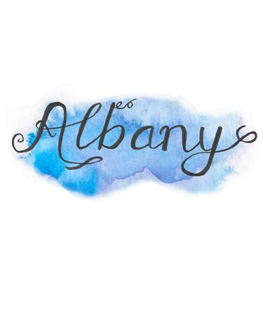 Albany word art with a blue watercolor background graphic illustration on white.の写真素材