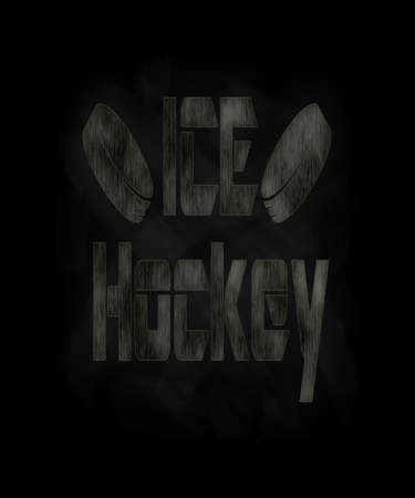 Ice hockey in chalk text graphic with chalk effects on a blackboard for hocky fans with 2 hockey pucks.の写真素材