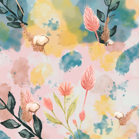 Cheery floral boho pattern background in teal, saffron yellow, desert rose, coral shades for wildflower lovers in this design element.の写真素材