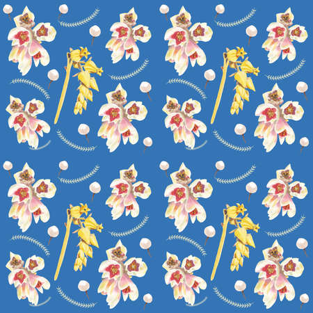 Floral seamless pattern French blue background with handpainted watercolor flower motifs and leaves in this pretty design element.の写真素材