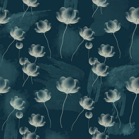 Pretty beige floral navy blue background pattern with watercolor splats in this graphic design element.の写真素材