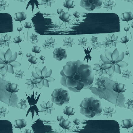 Navy blue flowers blue green background pattern with paint splats in this pretty floral print.の写真素材