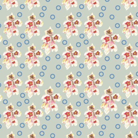 Succulent floral French blue circles green background seamless pattern, with these white flowers handpainted watercolor with triple circles in this pretty flower pattern background.の写真素材