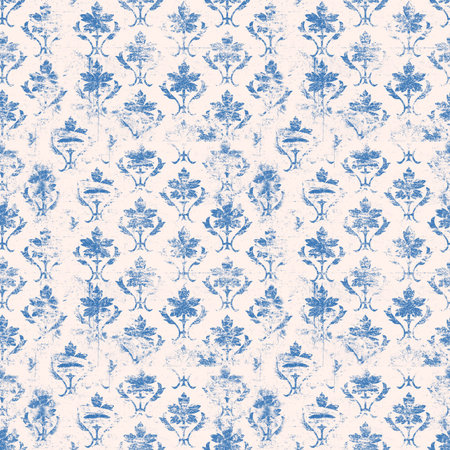 French blue vintage floral on blush repeating pattern background with distressed blue flowers in...