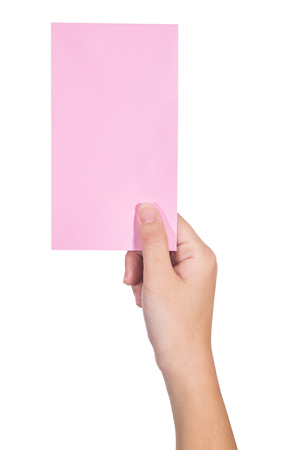 human hold pink envelope on isolated white backgroundの写真素材
