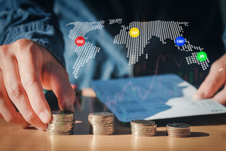 Economy, finance, stock market background. Economics background with abstract stock market graph,financial data and world mapの写真素材