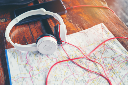 headphone on map Travel conceptの写真素材