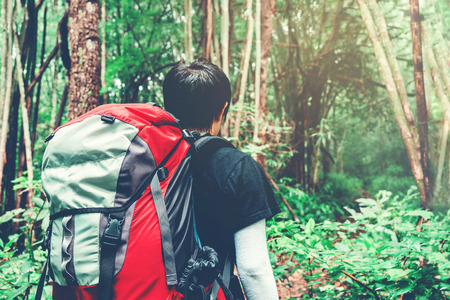 Tourist trail hiking in the forest Traveler Man with backpack crossing the mountainの写真素材
