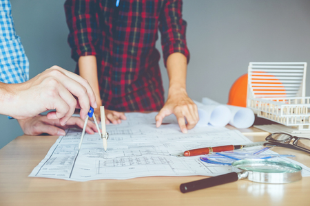 Engineer meeting for architectural project and working with partner engineering on workplaceの写真素材