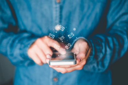 Businessman using mobile online Text Messaging icon social networking connection on screen