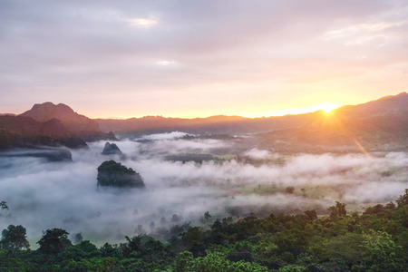 Fog Mountain in morning at Phu langka viewpoint, Phayao, Thailandの写真素材