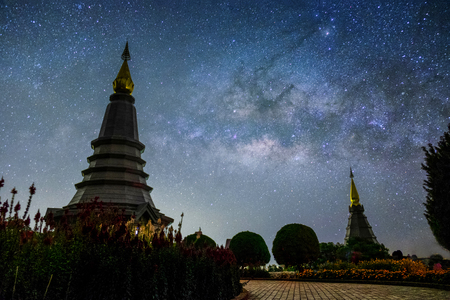 Milky way rises Doi Inthanon National Park over the pagoda Nabhamethanidol and Nabhapolbhumisiri , Thailandの写真素材