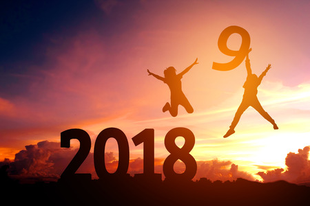 Silhouette young people Happy for 2019 new yearの写真素材