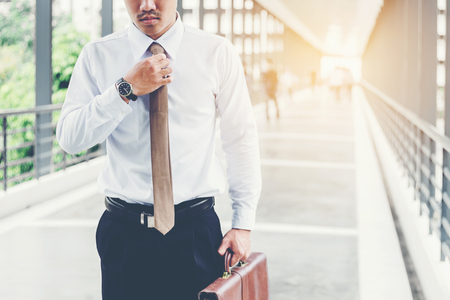 Businessman holding trolley bag going up on travelの写真素材
