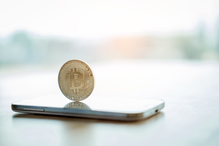 Bitcoins new virtual money on mobileの写真素材