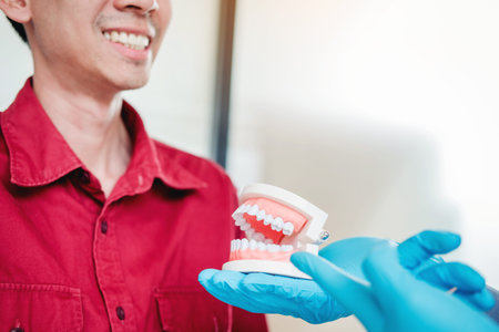 Dentist talking to smiling male patient and showing denture in dental office