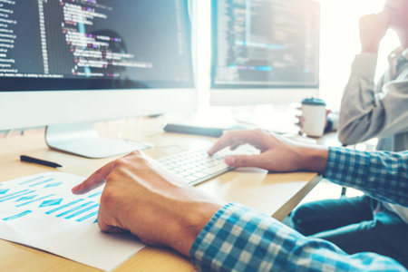 Developing programmer Team Development Website design and coding technologies working in software...