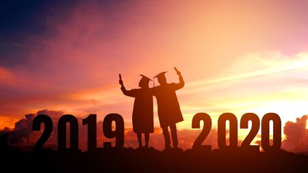2020 New year Silhouette people graduation in 2020 years education congratulation concept ,Freedom and Happy new yearの写真素材