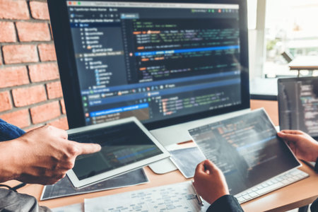 Developing programmer Team Development Website design and coding technologies working in software...