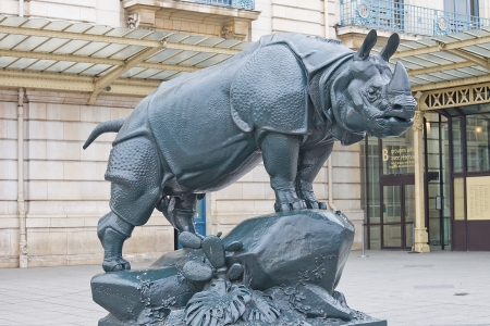 Sculpture of rhinoceros (circa 1877) near Orsay museum, Paris, Franceのeditorial素材