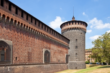 Ñorner tower of Sforza Castle  Castello Sforzesco, circa XV c    Milan, Italyのeditorial素材