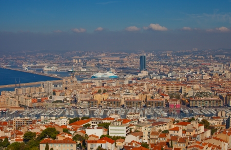 View of Old Port district of Marseilles  the oldest city of France  from the Notre-Dame de la Garde churchのeditorial素材