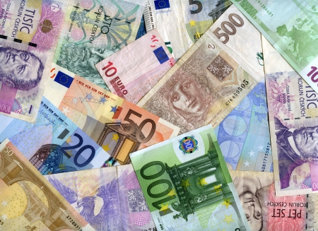 Euro and Czech banknotes  backgroundの写真素材