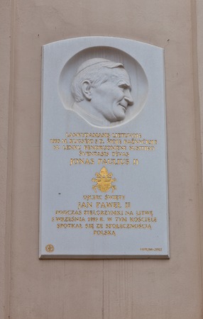Memorial plaque of Pope John Paul II  Wall of Dominican Church of Holy Spirit  Vilnius, Lithuaniaのeditorial素材