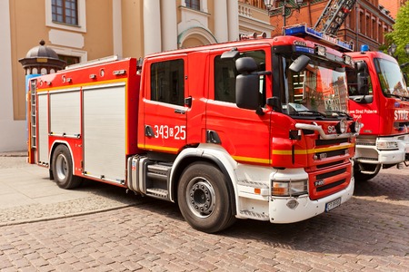 Torun, Poland - May 06, 2014  Fire-fighting vehicle Scania at Fire Service Day celebration on square Rynek Staromiejski  in Torun, Poland のeditorial素材