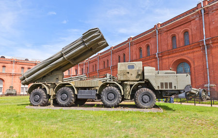 SAINT PETERSBURG, RUSSIA - JULY 12, 2014  Soviet self-propelled heavy multiple rocket launcher system 9A52 Smerch in Artillery Museum of Saint Petersburg  Used by Soviet Russian army since 1987のeditorial素材