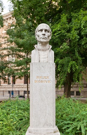 ZAGREB, CROATIA - JULY 21, 2014  Bust  1911  of Roger Joseph Boscovich, a physicist, astronomer, mathematician, philosopher, diplomat, poet, theologian, Jesuit priest, and a polymath of XVIII c  Located at Josip Juraj Strossmayer Square of Zagreb, Croatiaのeditorial素材
