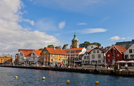 STAVANGER, NORWAY - AUGUST 16, 2014  Old houses  circa XIX c   on Skagenkaien street  part of Blue Promenade  of historic center of Stavanger, Norway  Buildings are former wharf warehousesのeditorial素材