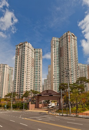 BUSAN, SOUTH KOREA - SEPTEMBER 25, 2014:  Modern apartment complex Lotte Castle Kaiser in Busan, Republic of Korea. Erected by Lotte Engineering and Construction company, circa 2012のeditorial素材