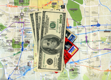 Concept traveling to Seoul (South Korea). USA dollars, Visa credit cards, Seoul city mapのeditorial素材