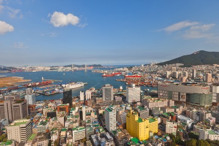 BUSAN, SOUTH KOREA - SEPTEMBER 25, 2014:  View of Busan city and port from Busan Towerのeditorial素材