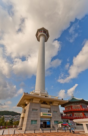BUSAN, SOUTH KOREA - SEPTEMBER 25, 2014:  Busan Tower in Yongdusan Park of Busan, Republic of Korea. 120 m. high tower was built in 1973, is used as a lighthouse, provides great view over the cityのeditorial素材