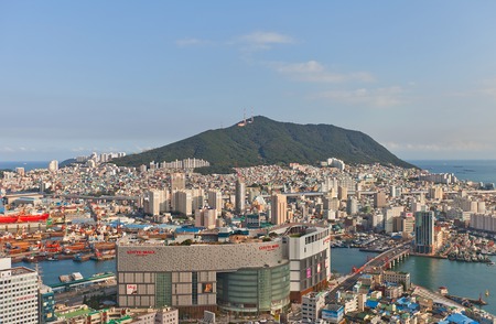 BUSAN, SOUTH KOREA - SEPTEMBER 25, 2014:  View of Yeongdo island with Bongrae mountain of Busan city (Republic of Korea) from Busan Towerのeditorial素材